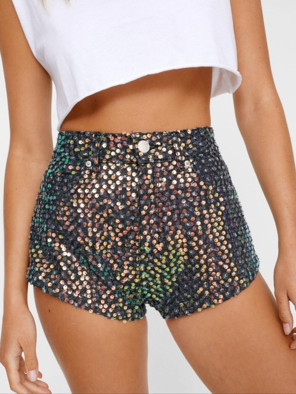 NWT Nasty Gal Sequin Denim Hotpant Short in Black Women’s Size 6